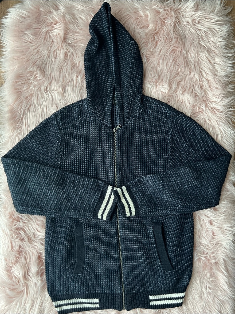 Wool Cotton Blend Banana Republic Men's Navy Hooded Zip Sweater Medium